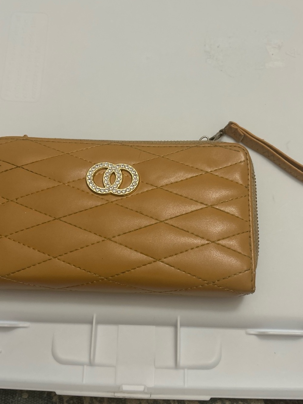 Quilted Tan Wristlet Wallet with Crystal Double-Ring Accent